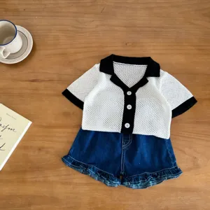 Baby summer knit cardigan and denim shorts set, cute hollow out short sleeve top for toddlers.