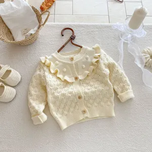 Baby girls cute knitted cardigan sweater with ruffle collar and pom pom details autumn top.