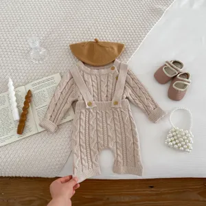 Baby knitted romper set with strap pants, cute knitwear outfit for infants boys and girls.