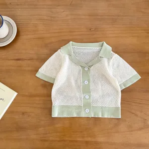 Baby short-sleeve knit cardigan, hollow-out summer top with lapel and cute buttons.