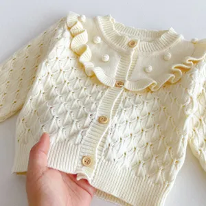 Baby girls cute knit cardigan with ruffles and wooden buttons, warm autumn toddler sweater top.