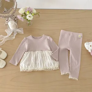 Ensemble deux pièces haut à volants et leggings côtelés pour petites filles charmant