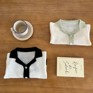Infant baby girl hollow knit cardigan sweater, cute contrast lapel top, breathable summer wear.