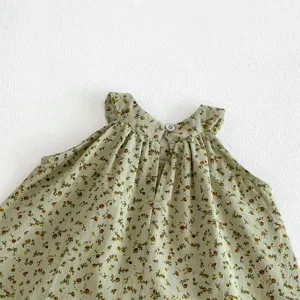 Bébé fille haut sans manches floral détail bouton dos vert mode été mignon nouveau