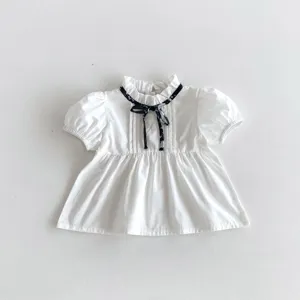 Süßes weißes Kurzarm Puppenbluse Top für kleine Mädchen mit Blumenschleife, Sommer.
