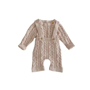 Cute baby cable knit romper set long sleeve infant overall sweater for autumn spring.