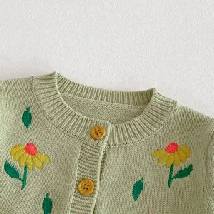 Toddler baby girl knit cardigan sweater with cute floral embroidery and buttons, soft cotton.