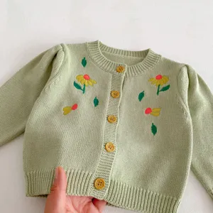 Details of baby floral embroidered knit cardigan, soft cotton yarn long sleeve toddler sweater.