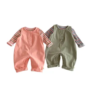 Baby infant long sleeve striped t-shirt and solid romper set cute autumn clothing
