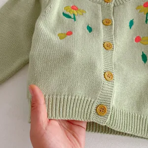Baby infant toddler cute embroidered floral knit cardigan cotton yarn long sleeve sweater