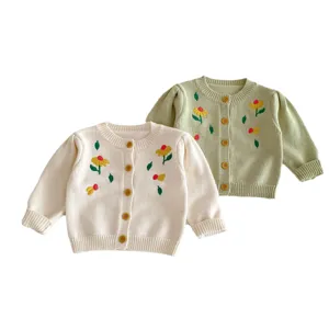 Baby toddler knit cardigan sweater featuring cute floral embroidery and long sleeves.