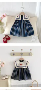 Vestido sin mangas de rayas bordado vintage para niñas, ropa de bebé de verano.