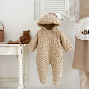 Baby Winter Hooded Romper Fleece Lined Cute Floral Printed Cotton Warm Newborn Infant Bodysuit Outerwear Jumpsuit