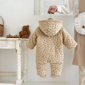 Infant winter fleece-lined hooded romper cute baby thick warm outerwear toddler