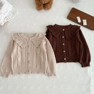 Infant Baby Girls Cotton Knit Cardigan Sweet Doll Collar Long Sleeve Solid Color Toddler Button Down Sweater Fall Spring Top