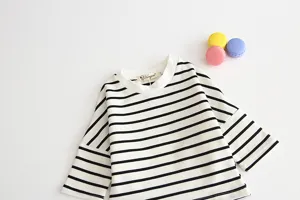 Baby striped long sleeve t-shirt, casual cotton crewneck top for toddler autumn daily wear.