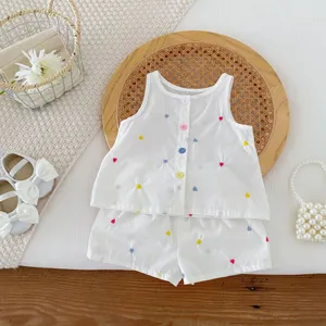 Neonata Bambina Estate Cotone Completo Senza Maniche Top Ricamato a Cuore E Pantaloncini Due Pezzi