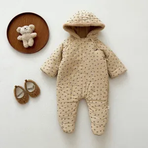 Winter baby thermal hooded romper with cute print and plush lining for infant girls.