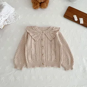 Baby girl knit cardigan with cute doll collar, soft cotton yarn sweater for infants toddler kids.