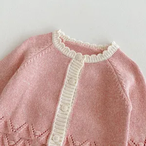 Baby pink knit cardigan sweater front button closure detail close up shot for kids