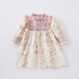 Vestido de Princesa de Algodón Floral de Manga Larga para Niñas Primavera Otoño Dulce Volantes Cuello Alto Ropa de Niños
