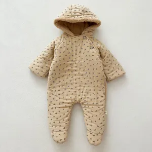 Cozy winter baby hooded jumpsuit with cute floral print and warm fleece lining for infants.