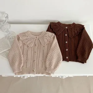 Toddler baby girls knit cardigan sweater with cute ruffled collar, cozy cotton knitwear for kids.