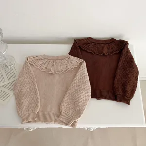 Toddler baby cotton knitted sweater detail, sweet doll collar, cute autumn kids clothing.