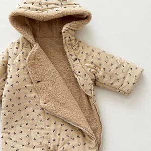 Baby winter hooded sherpa lined romper with cute cherry print, warm baby outdoor jumpsuit.