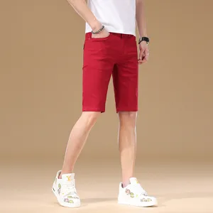 Men Light Luxury Washed Cotton Denim Shorts Slim Fit Solid Color Elastic Casual Mid-Length Shorts For Daily Wear Men Bottoms