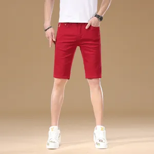 Men's red denim shorts casual five-point summer trousers trendy slim fit stylish shorts