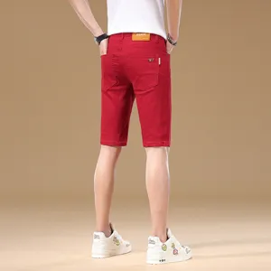 Men's Red Denim Shorts Casual Cotton Five Point Bermuda Pants Stylish Summer Bottoms
