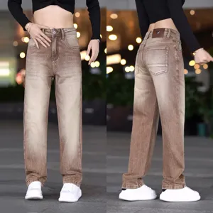 Mujer vintage lavado marron cintura alta pierna ancha denim jeans casual pantalon.
