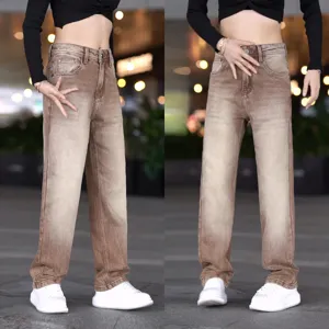 Jeans Denim Recto de Talla Alta con Lavado Degradado Marrón Vintage para Hombre Nuevo