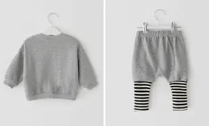 Kids grey sweatshirt and striped harem pants set, casual cute toddler two-piece outfit.