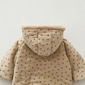 Toddler winter hooded padded baby coat detail, cute cherry print warm infant clothing back view