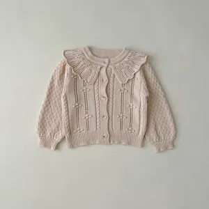 Toddler baby girl knit cardigan with cute doll collar, soft cotton yarn long sleeve top.