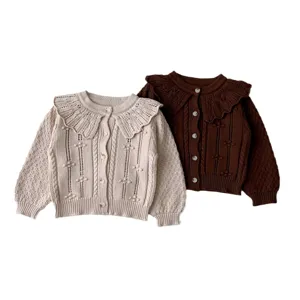 Korean style baby knit cardigan with doll collar, cute toddler autumn sweater outerwear set.