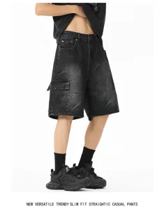 Ανδρικά μαύρα τζιν σορτς κάργο casual loose straight fit καλοκαιρινό streetwear παντελόνι