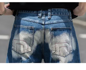 Ανδρικό πλυμένο μπλε φαρδύ ίσo τζιν streetwear λεπτομέρειες πίσω τσέπης παντελόνι