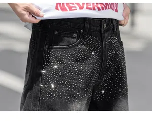 Ανδρικό τζιν ίσιο μαύρο γκρι με στρας streetwear φαρδύ casual μακρύ παντελόνι