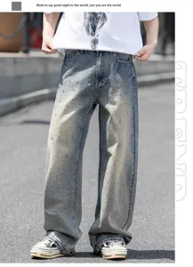 Ανδρικό φαρδύ ίσιο τζιν με στρας ξεβαμμένο streetwear vintage casual παντελόνι
