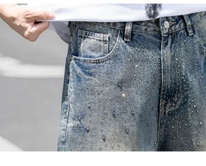 Ανδρικό ρετρό τζιν παντελόνι φαρδύ street style με λαμπερά στρας και μεταλλικά τρουκς.