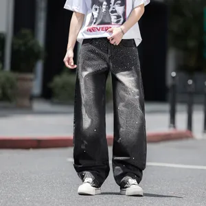 Ανδρικό Τζιν Παντελόνι High Street Streetwear Ίσια Γραμμή Χαλαρό Σκούρο Γκρι Ξεθωριασμένο Στρας Χάντρες Καθημερινό Μακρύ