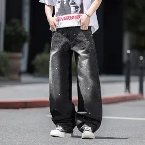 Ανδρικά τζιν ίσια φαρδιά με στραζ streetwear casual παντελόνι ντένιμ μόδας