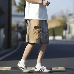 Ανδρικά ξεβαμμένα τζιν σορτς vintage streetwear χαλαρή γραμμή μέχρι το γόνατο