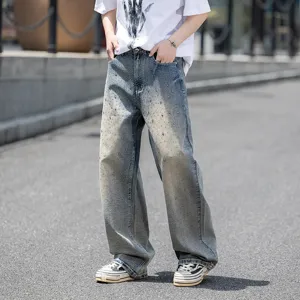 Ανδρικό τζιν streetwear vintage με strass ίσιο φαρδύ μπατζάκι casual παντελόνι