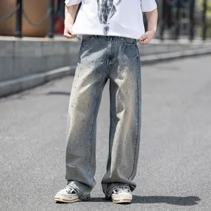 Ρετρό τζιν με στρας φαρδύ ανδρικό streetwear baggy casual παντελόνι κύρια όψη