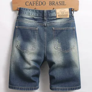 Vintage ξεwashed τζιν σορτς για άνδρες, casual χαλαρή ίσια γραμμή με σκισίματα.