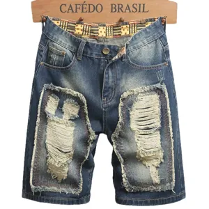 Vintage distressed τζιν σορτς για άνδρες, χαλαρή εφαρμογή casual πλυμένο κοντό παντελόνι